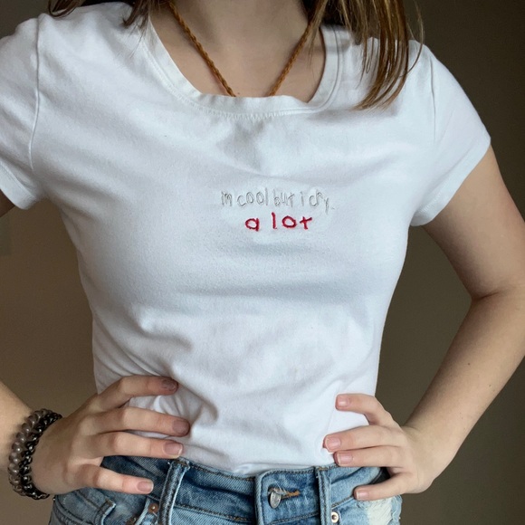 White custom embroidered tee - Picture 1 of 5